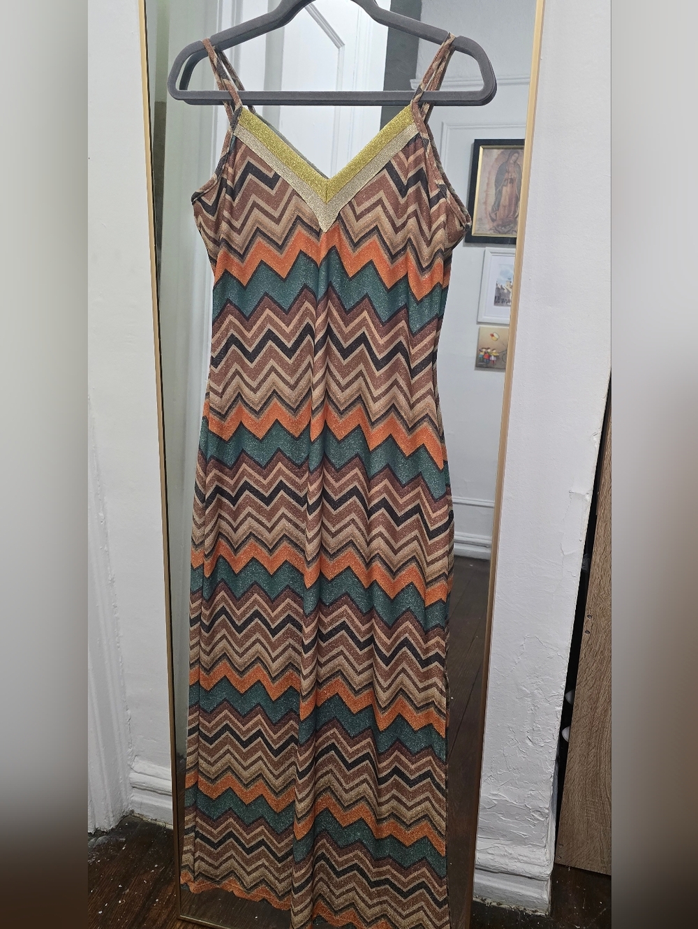 New York & Company Zigzag Maxi Dress in Teal, Orange & Brown